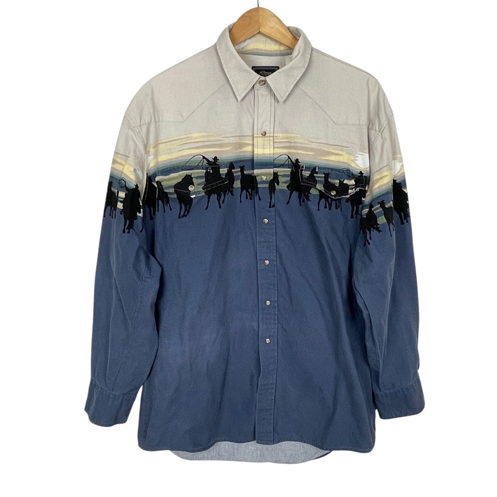 Vintage Roper Mens Western Pearl Snap Shirt Blue Tan Size XL Horse Cowboy Rodeo